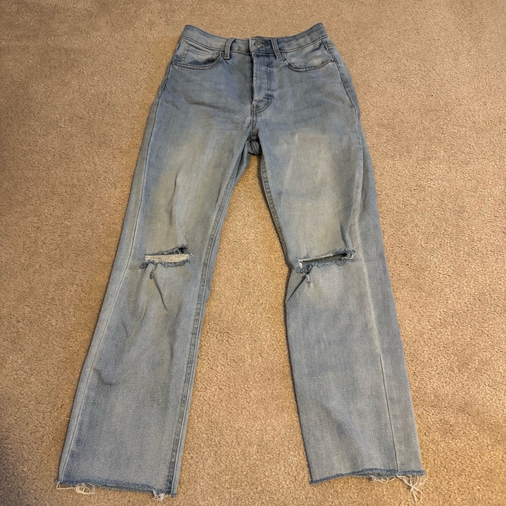 Wild Fable Super High Rise Slim Straight Light Wash Distressed Denim Jeans